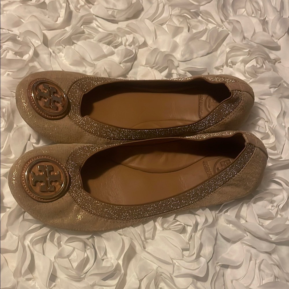 Tory Burch Gold Flats with Emblem Design